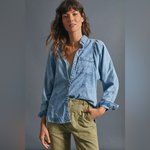 Anthropologie Tops - Anthropologie Pilcro Dylan Puff Sleeves Denim Buttondown Shirt Size M